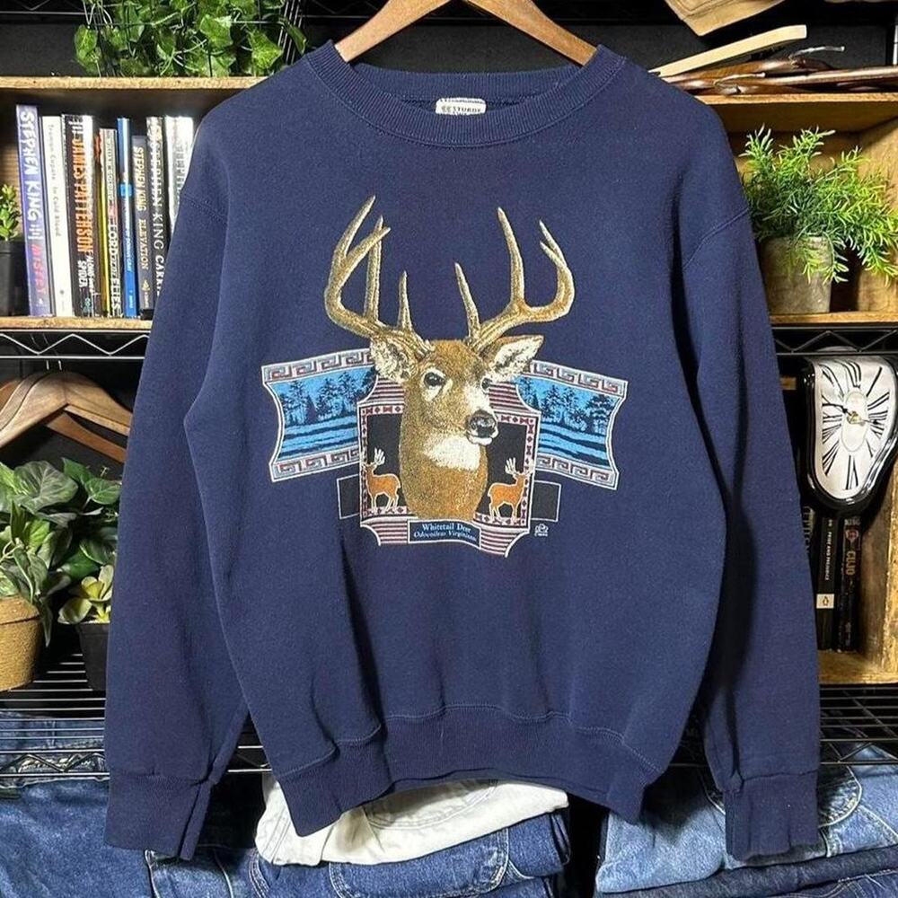 Vintage 90s Deer Nature Crewneck Navy Blue Wildlife Outdoors Buck Sweatshirt